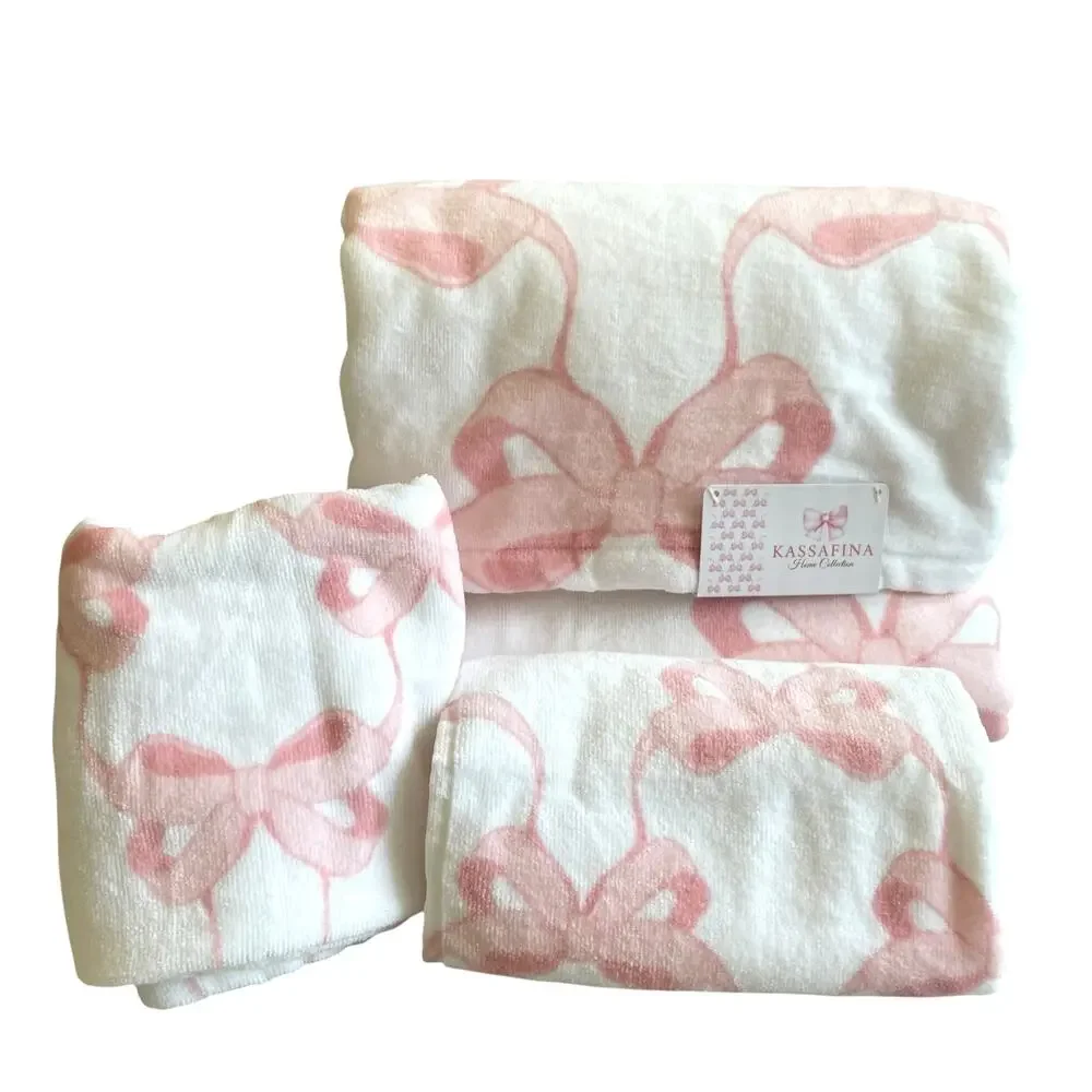 Kassafina Coquette Pink Bow Hand & Bath Towel 4PC Set 100% Cotton White NEW